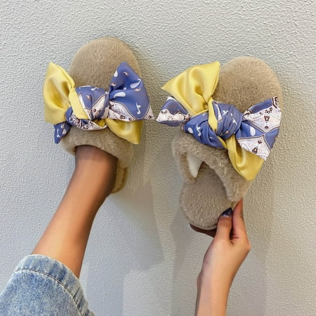 

〖Yilirongyumm〗 Khaki 37 Slippers For Women Hairy Flat Women s Bowknot Color Baotou Cotton Solid Slippers Slippers Fashion Women s Slipper