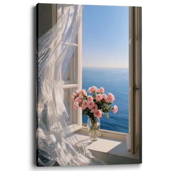 Wallume Store Pink Rose Coastal Window Ocean Sea Canvas Wall Art Gallery Wrapped for Master Bedroom 12x8 inch
