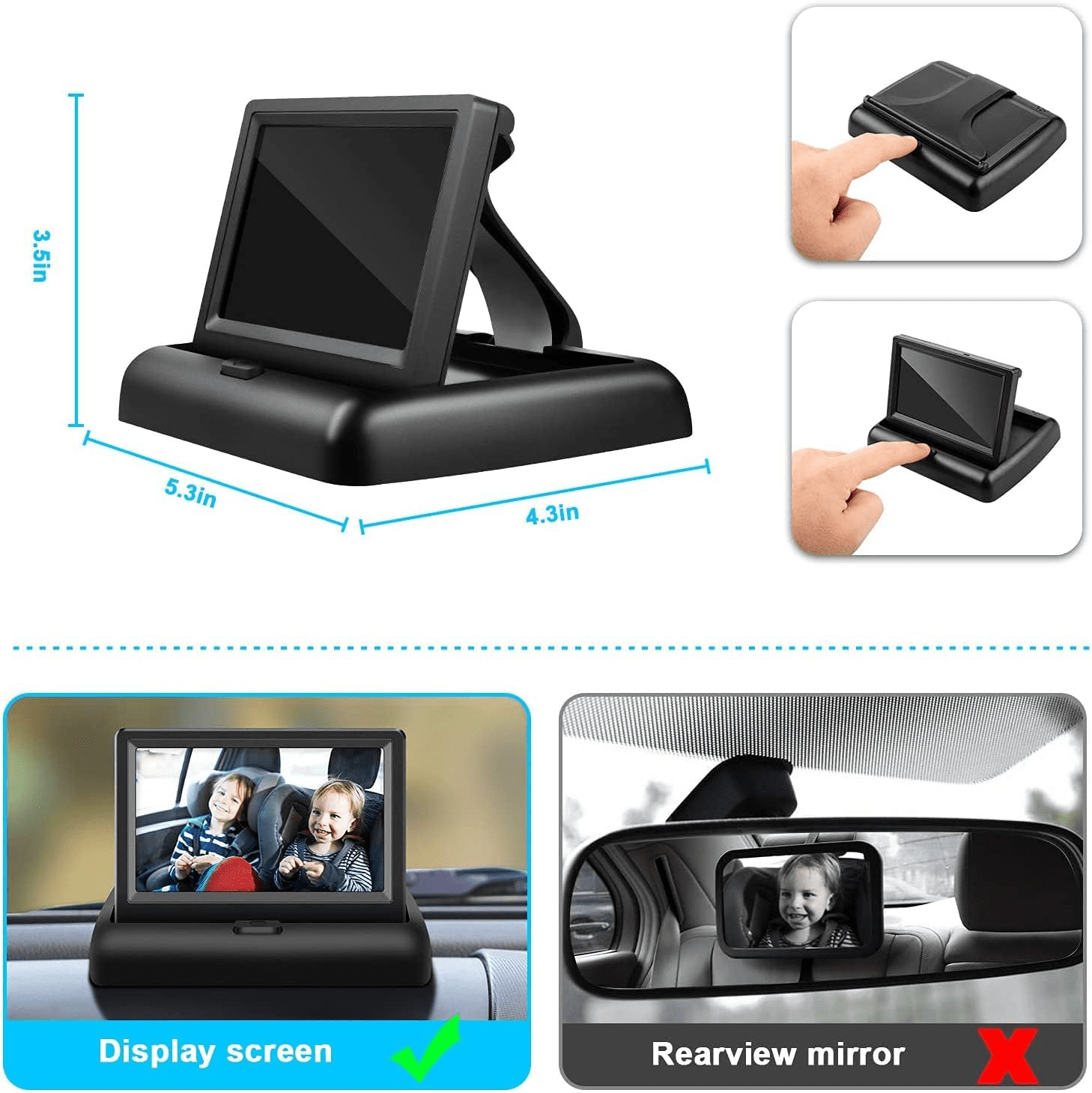 Baby Car Mirror with 4.3'' HD Night Vision Function Display, Safety Car Seat Camera with Wide Crystal Clear View, Easily Observe The Baby’s Move(Not USB)