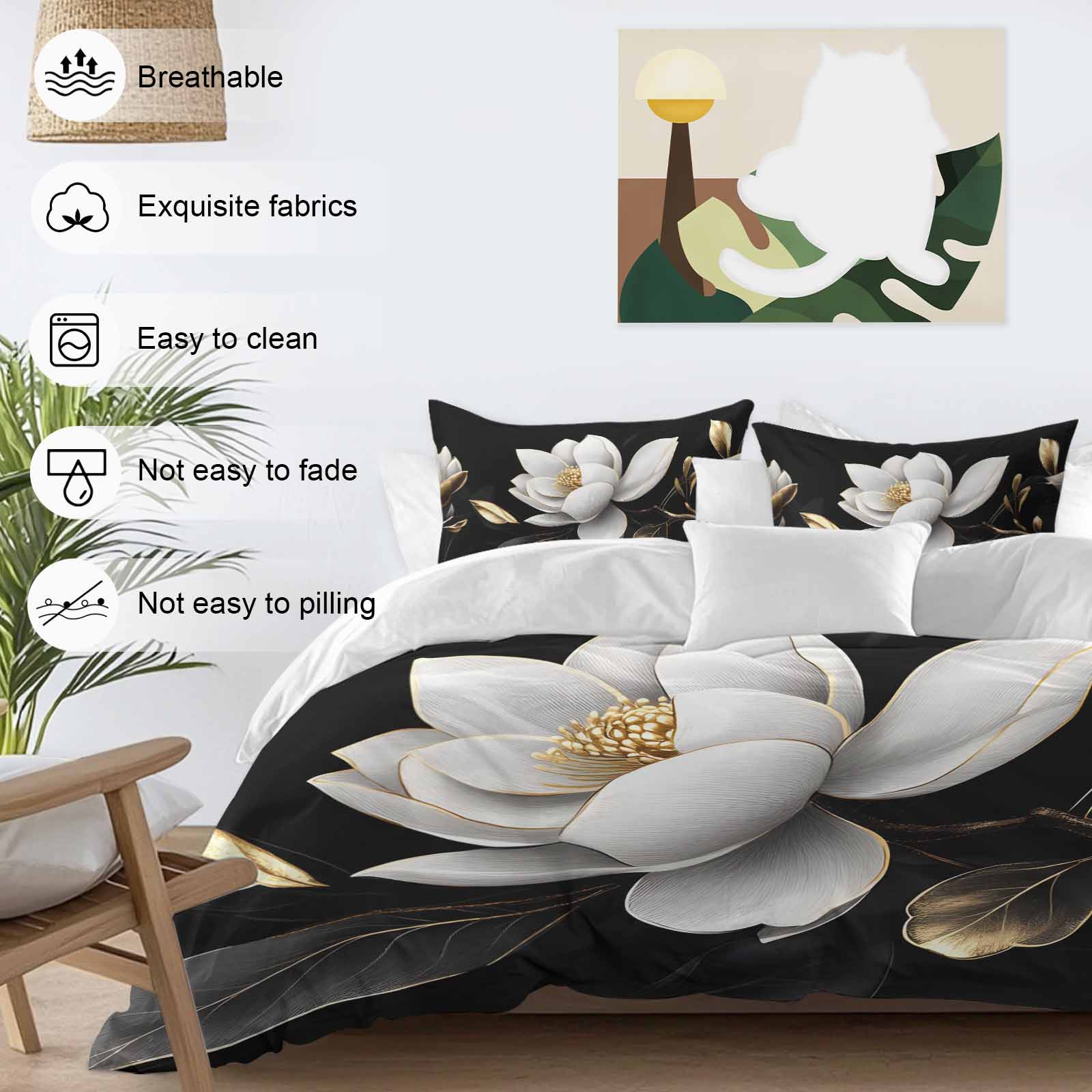 Gorgeous Flowers Duvet Cover Set, White Gold Floral Botanicals Black Soft Duvet Cover Queen Size Bedding Set 4 Pieces, 1 Quiltcover and 2 Pillowcases with Zipper, 1 Bed Sheet for All Seasons