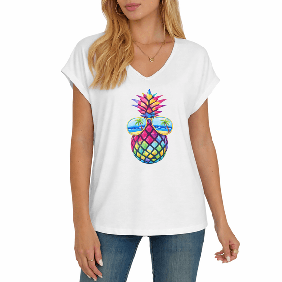 Cozymy Women's Colorful Summer Pineapple with Beach Sunglasses Graphic V-Neck Short Sleeve T-Shirt