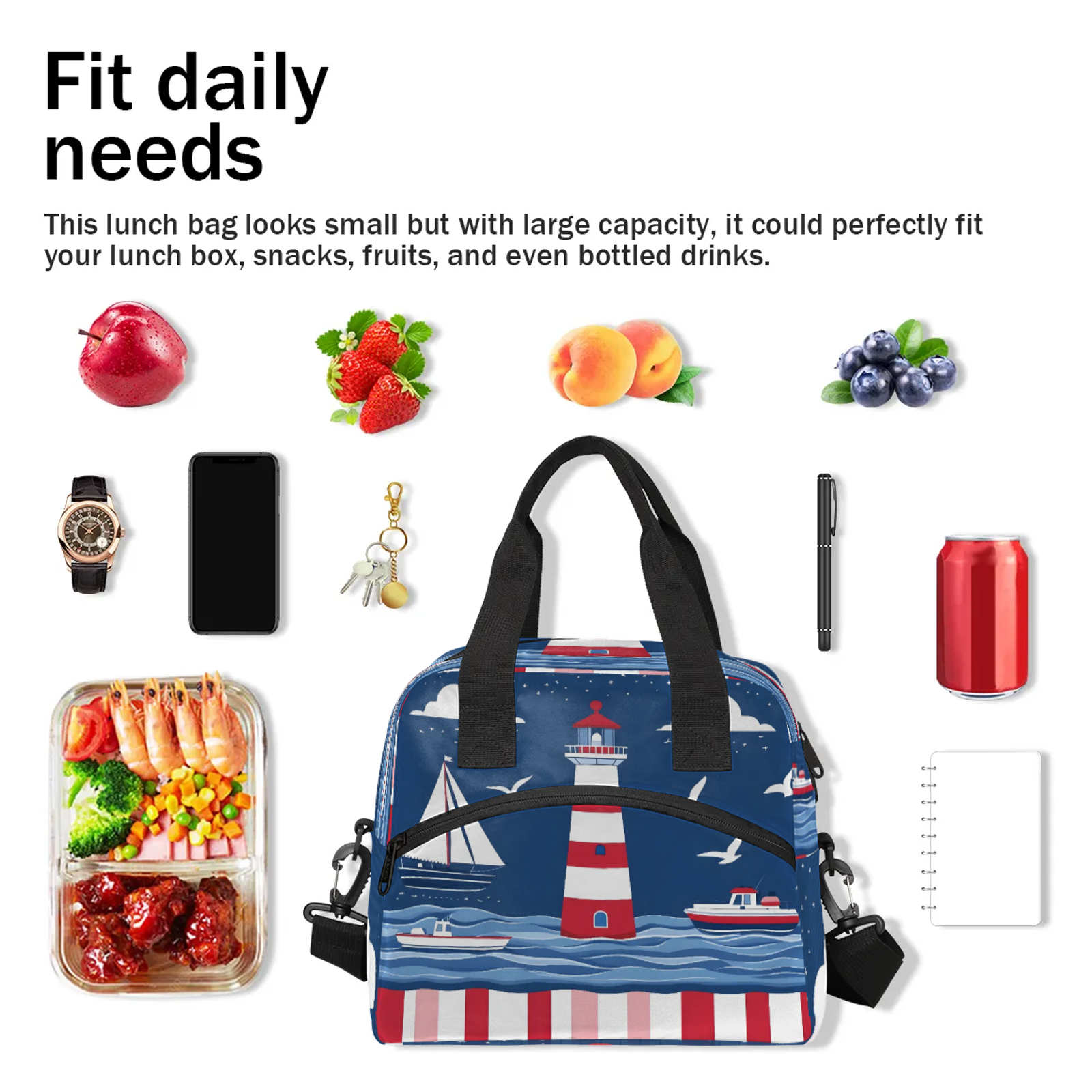 Herdesigns Lighthouse Lunch Bag for Women Men Adult, Ocean Beach Theme Large Insulated Reusable Lunch Box Leakproof Portable Cooler Tote Bags for Work Picnic Beach