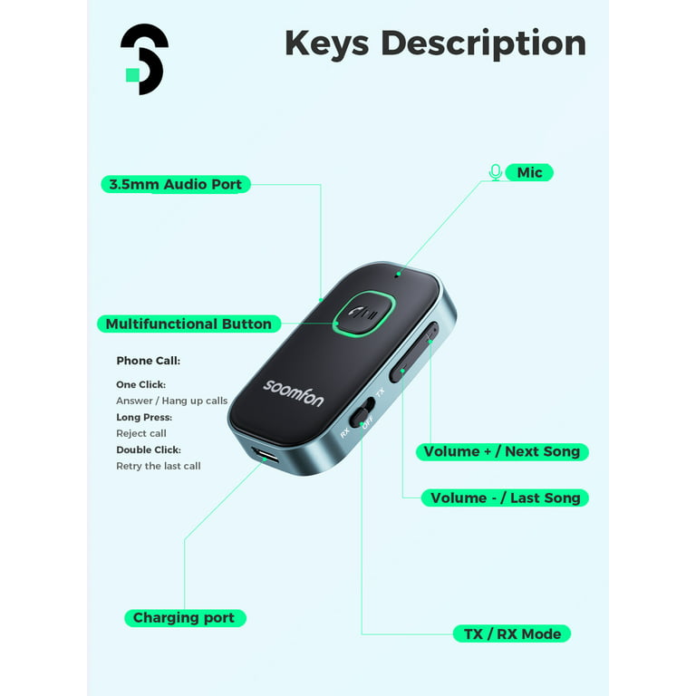 SOOMFON Aux Bluetooth 5.0 Adapter 2 in 1 Transmitter Receiver,3.5mm for  TV/Home Stereo/Car/Headphones/Speakers/PC,Black
