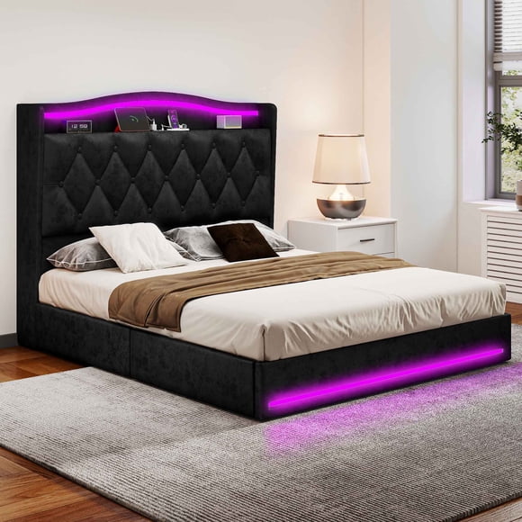 Dextrus Queen Size Velvet Upholstered Bed Frame with 4 Storage Drawers and LED Lights, 57" Tall Headboard Bed with Charging Station, Platform Bed No Box Spring Needed, Noise-Free, Easy Assembly, Black