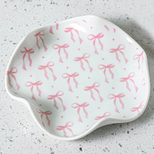Bow Spoon Rest for Kitchen Counter, Cute Ceramic Cooking Spoon Holder for Stove Top, Large Utensil Spatula Rest Tray Kitchen Gadgets Gift Housewarmings, 5.2 Inch(Pink Bow)