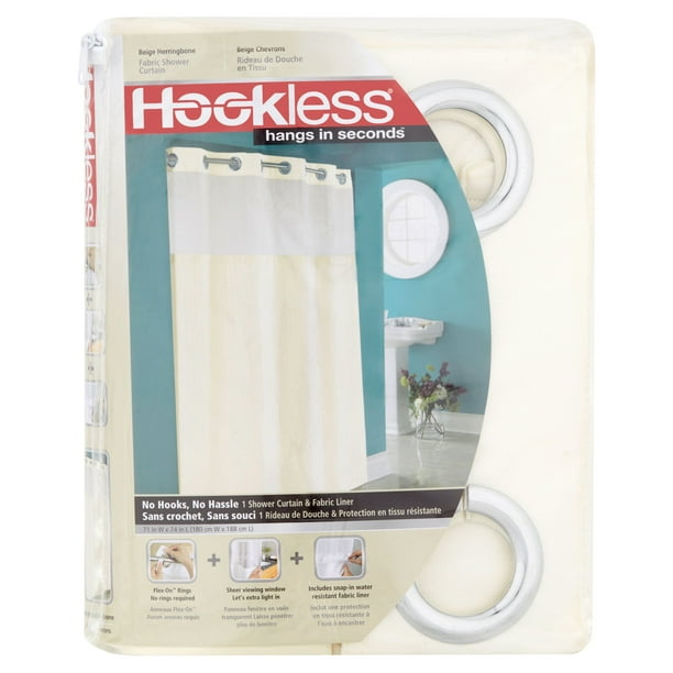 Hookless Beige Herringbone Fabric Shower Curtain