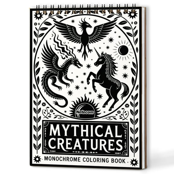 Mythical Creatures Monochrome Coloring Book Spiral Bound for Adults, A5 Wooden Cover, Relaxing One-Color Illustrations with Mermaid, Phoenix, and Legendary Beasts for Mindfulness