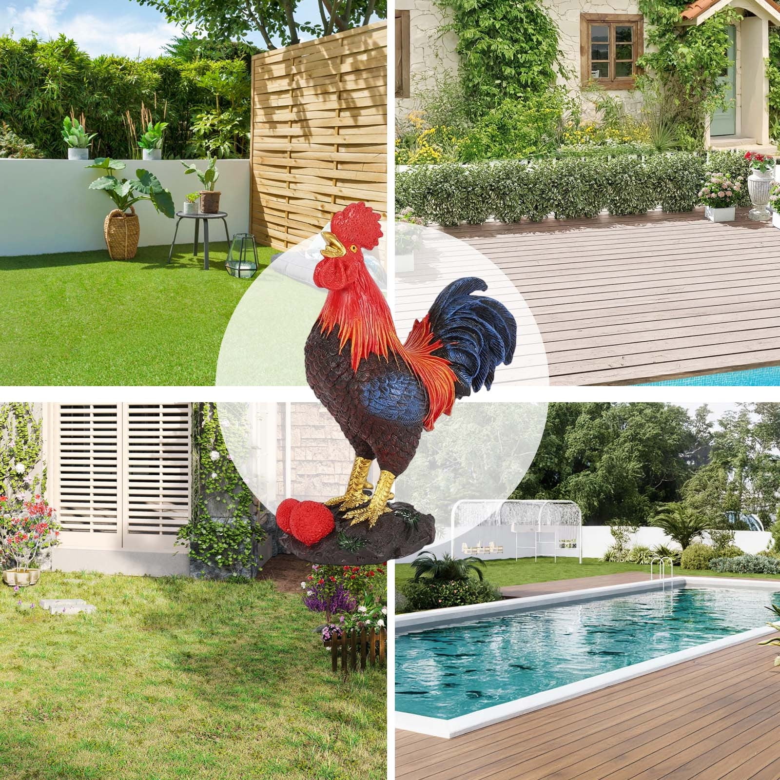 Qiopertar Metal Rooster Garden Statue, Handcrafted Iron Rooster Sculpture Outdoor Decor, Weather-Resistant Patio Backyard Chicken Yard Art Figurine for Lawn Garden Decoration