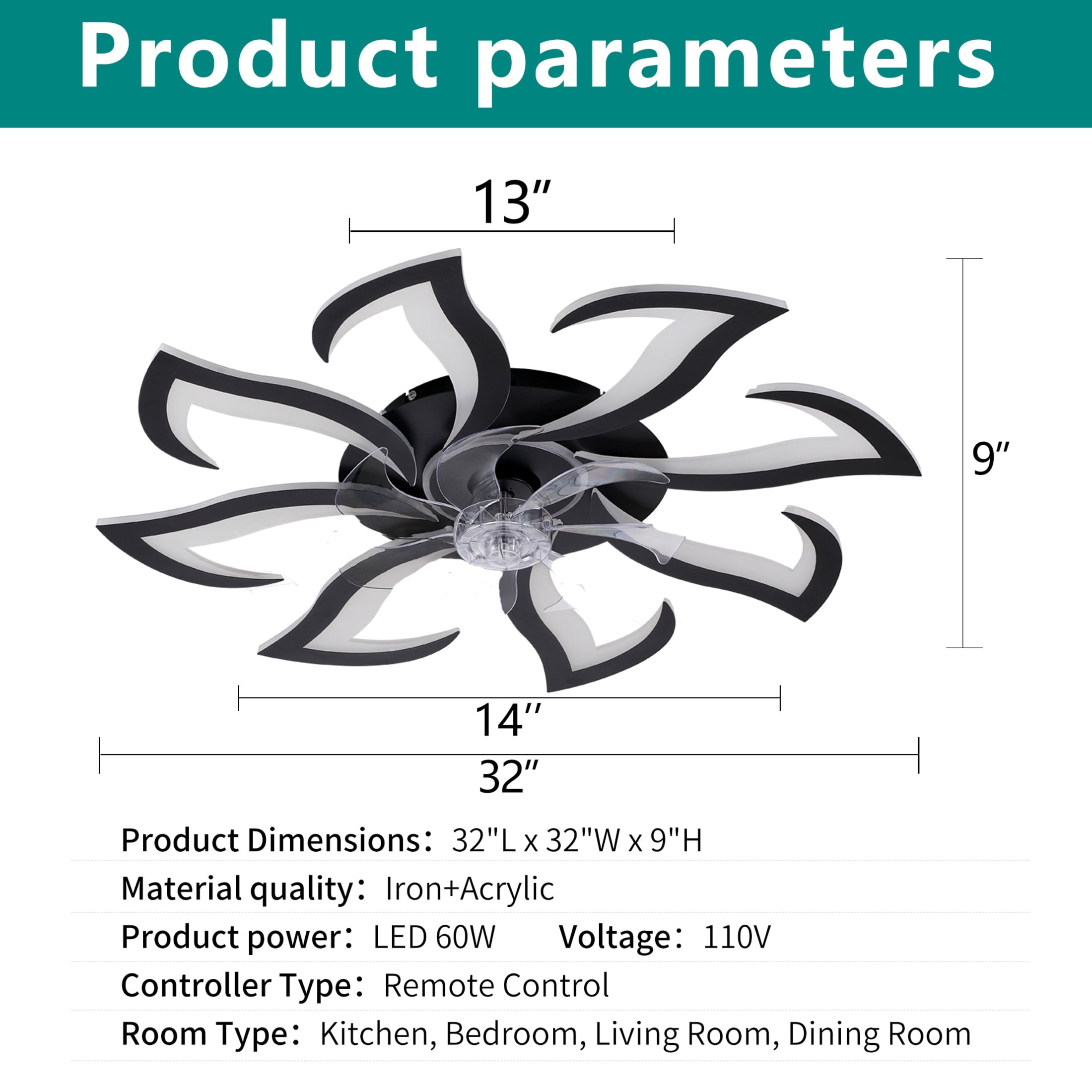GDF Studio 8-Head Flower Modern Ceiling Fan with LED Lights & Remote Control, Low Profile Flush Mount Fandelier, Black