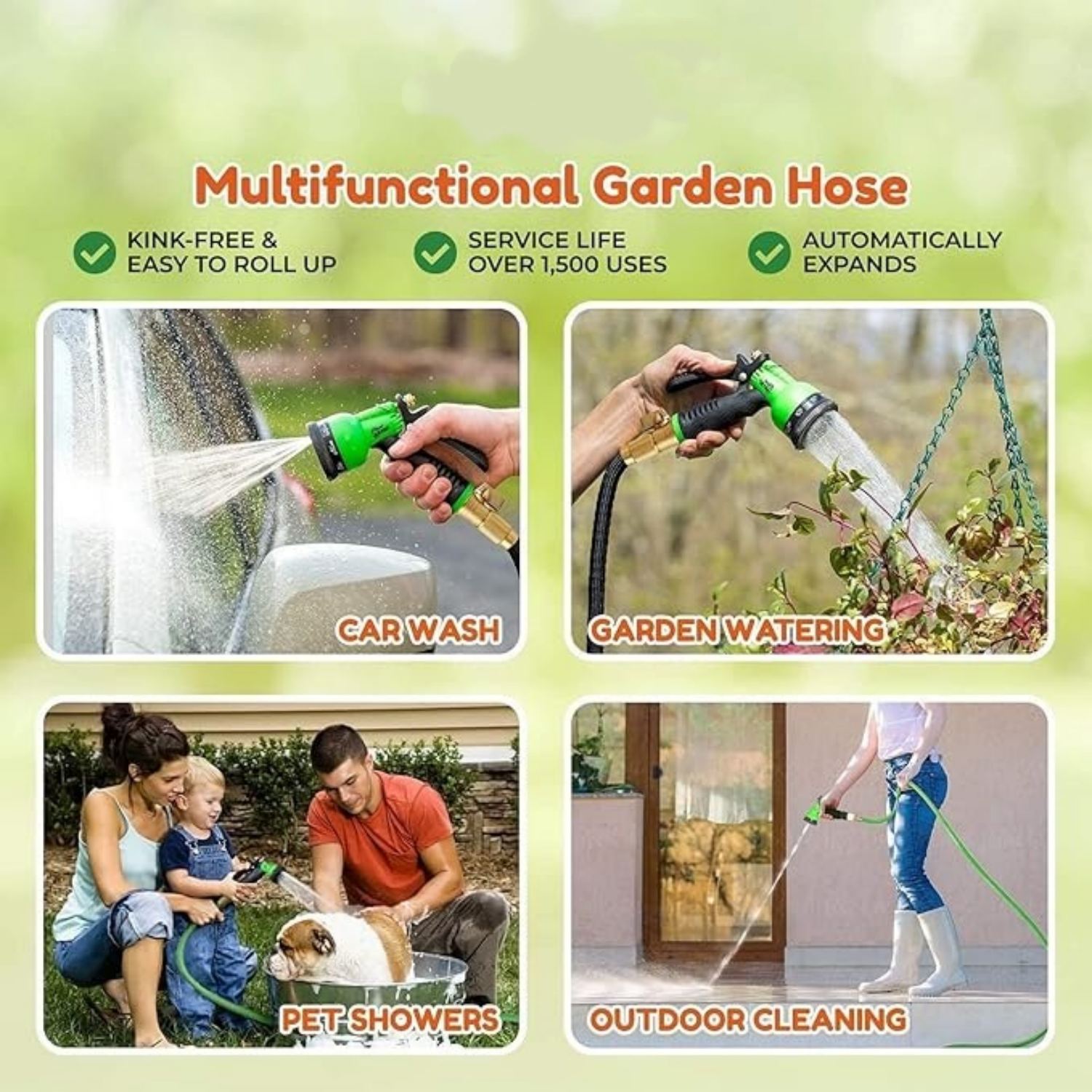 Hose with 8 Function Nozzle, 75FT - Lightweight Expandable Garden Hose, No-Kink Flexibility, 3/4 Inch Solid Brass Fittings and Double Latex Core