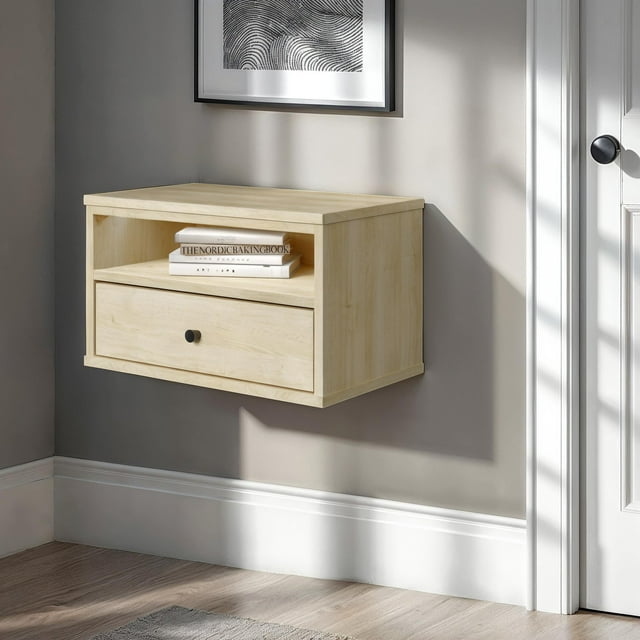South Shore Sazena LED Floating Nightstand for Adult, in Bleached Oak