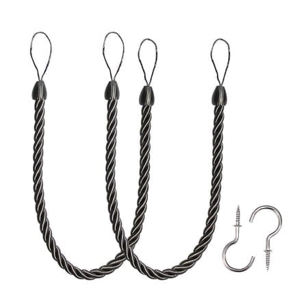 BEL AVENIR Cordes de Rideaux Attaches, Rideaux Faits Main avec 2 Crochets à Vis en Métal - Charbon 2 Pcs