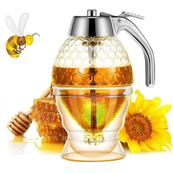 Honey Dispenser No - Maple Syrup Dispenser- Beautiful Honey Comb Shaped Honey Pot - Honey Jar with Stand, Great Bee Decor