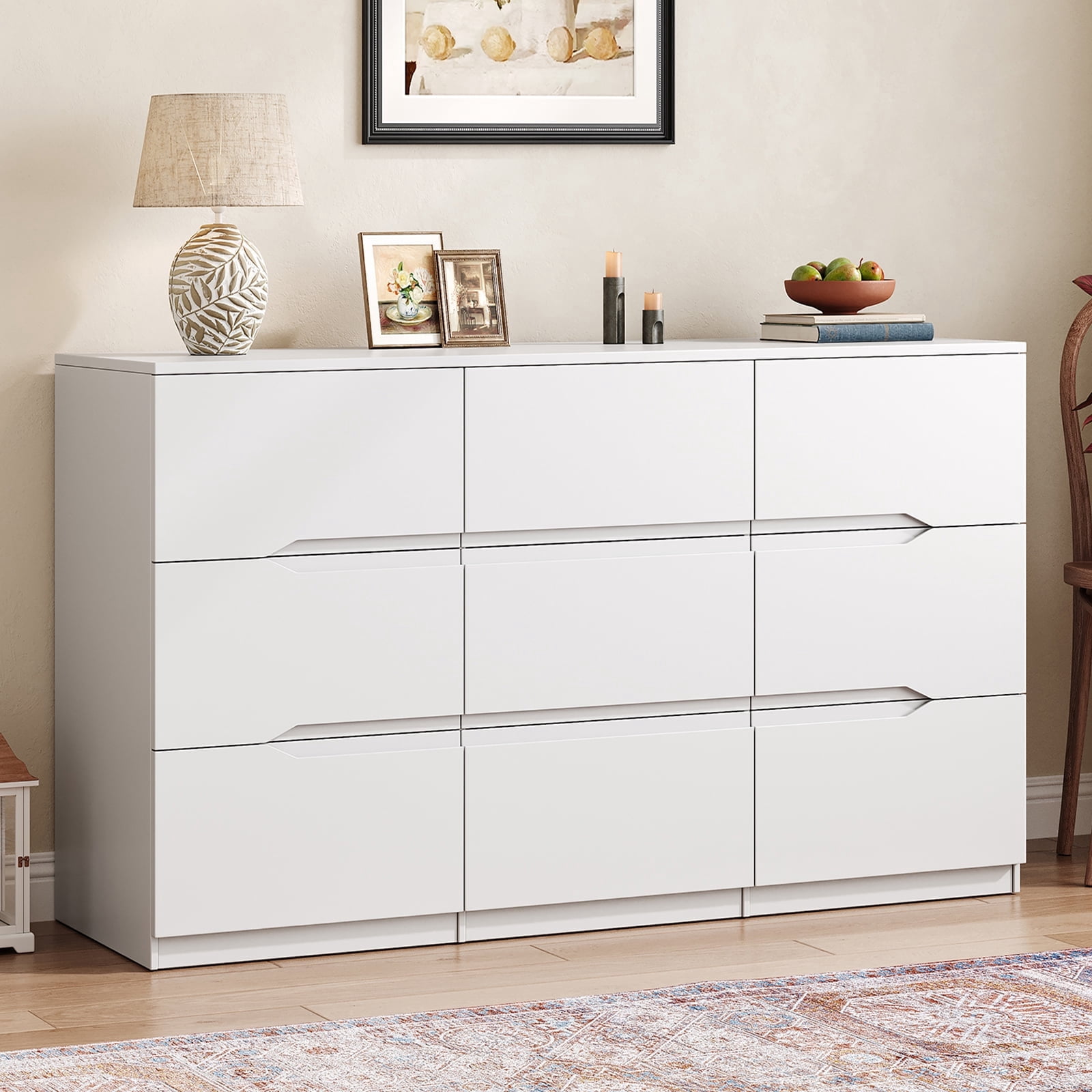 60.3 Inch Wide Modern White 9-Drawer Dresser, Spacious Storage Chest for Bedroom
