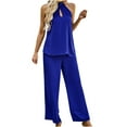 thumbnail image 2 of Women's 2 Piece Outfits Clearance Women's Fashion Casual Spring And Summer Solid Color Round Neck Sleeveless Blouse Tops Wide Leg Pants, 2 of 5