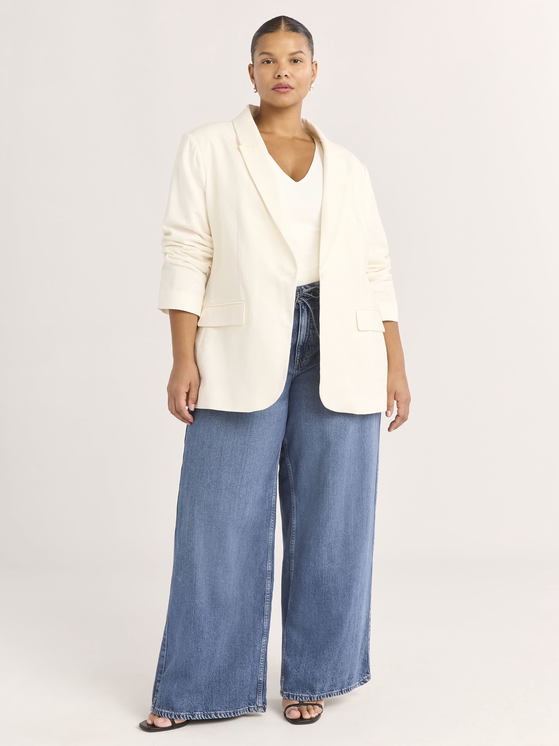 Scoop Women's and Women's Plus One Button Linen Blend Blazer, Sizes XS-4X