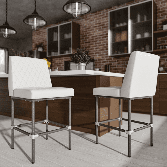 Solfway Counter Height Bar Stools Set of 2, 26" Industrial Kitchen Counter Height Stools with Back, White Leather Barstools with Padded Seat and Painted Metal Frame for Kitchen Island