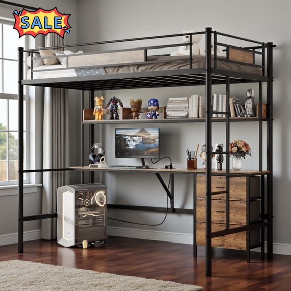 Tcbosik Loft Bed with Desk and Charging Station, Open Shelf and 3 Storage Drawers, Twin Size Bed Frame with Built-in Ladder and Full Length Guardrail, Metal Slats Support, Space Saving, Brown