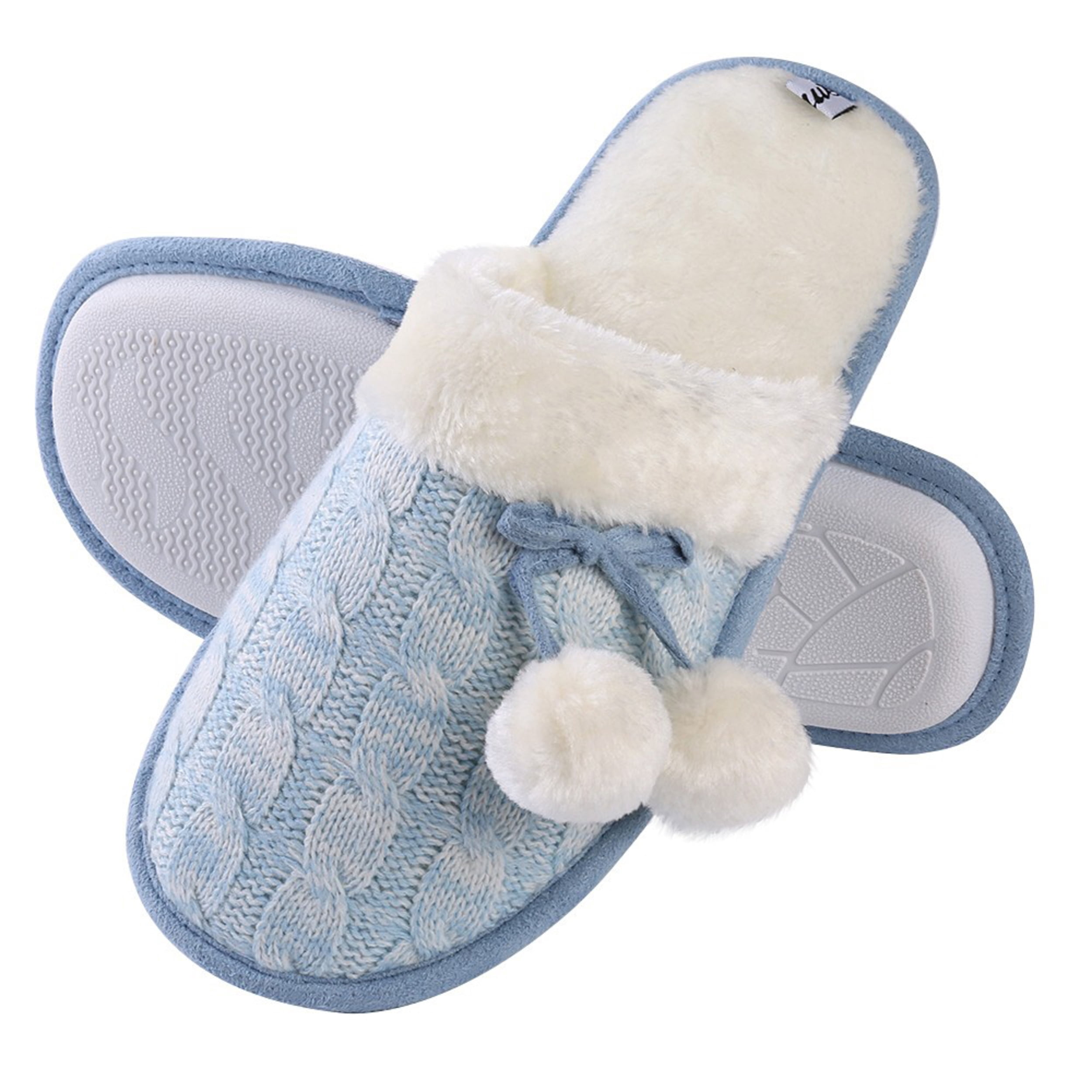 Women's Warm And Soft Pom-Pom Soft Plush Slippers with No-Slip Rubber Sole For Indoor, Outdoor, Spa Use (Blue)