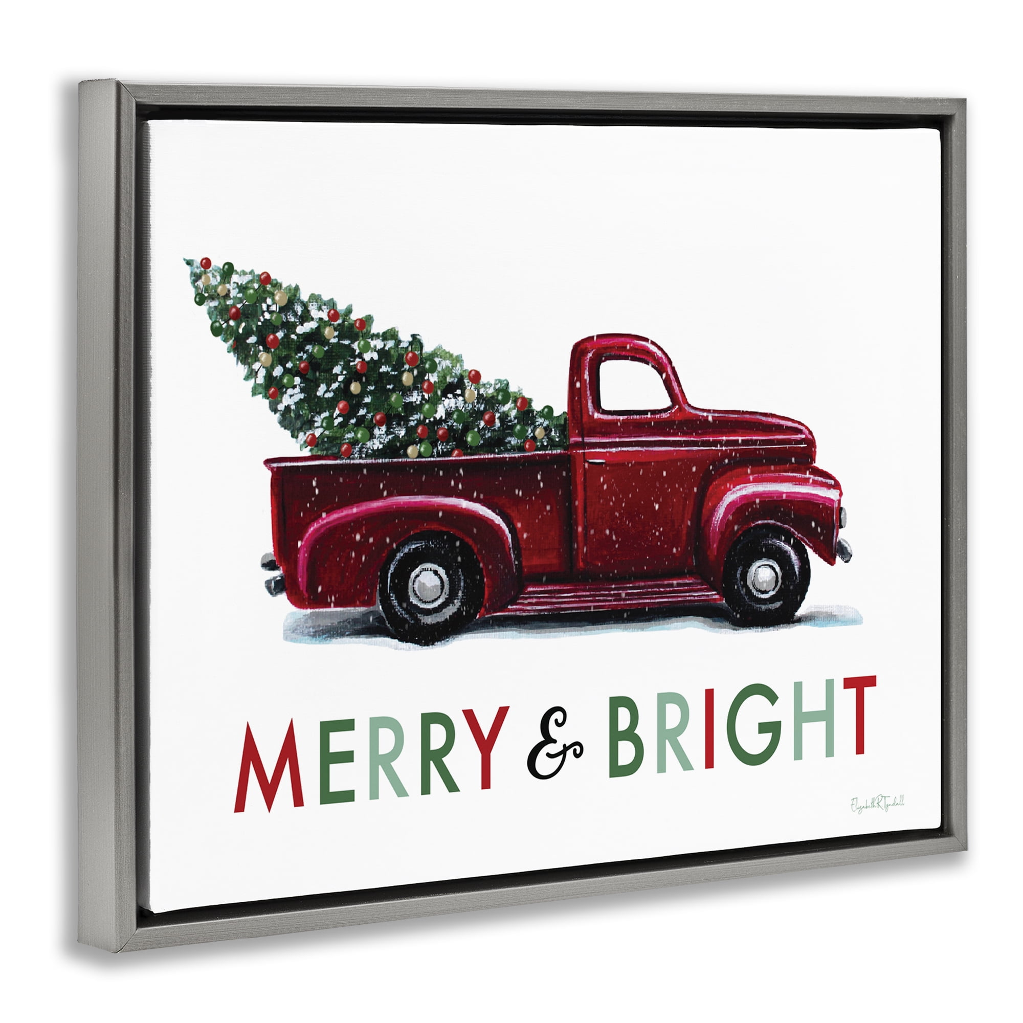 Stupell Industries Merry Bright Christmas Truck Holiday Painting Gray Floater Framed Canvas Art Prints Wall Art, 31 x 25