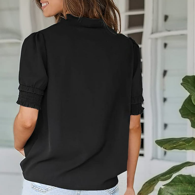 RYRJJ Womens Frill Puff Sleeve Summer Tops Chiffon Short Sleeve Blouses V  Neck Solid Color Shirts(Black,L)