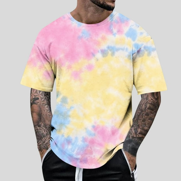 Yteetum Tie Dye T Shirts for Men Oversized Crew Neck Cotton Short Sleeve Shirts Pullover Top Mens Casual Round Neck Plus Size Loose Fits Comfy Summer Tee Shirt