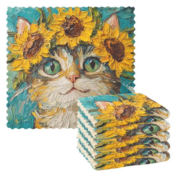 6 Pieces of Kitchen Towels 11x11Inch Kitchen Dish Cloths Kitchen Dish Towels Reuseable Cleaning Cloths Sunflower Cat