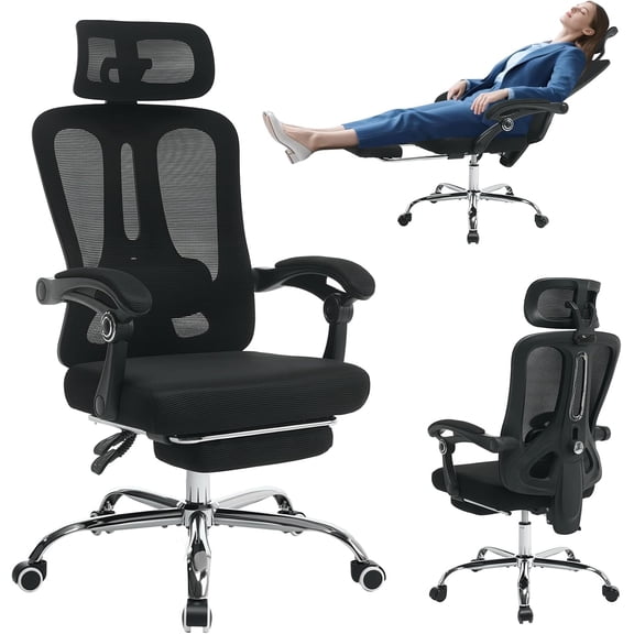 Ergonomic Office Chair with Adjustable Headrest, Reclining Backrest, Breathable Mesh Desk Chair with Lumbar Support and 360° Swivel, Black