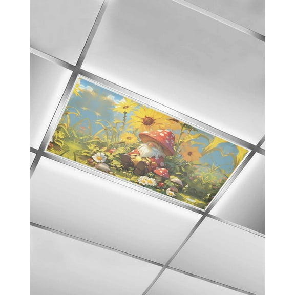 Fluorescent Light Covers for Ceiling Lights 1 Pack, Mushroom Gnomes Magnetic Ceiling Light Covers 2x4 Feet for Classroom Office School, Watercolor Summer Sunflowers Overhead Drop Ceiling Light Shade