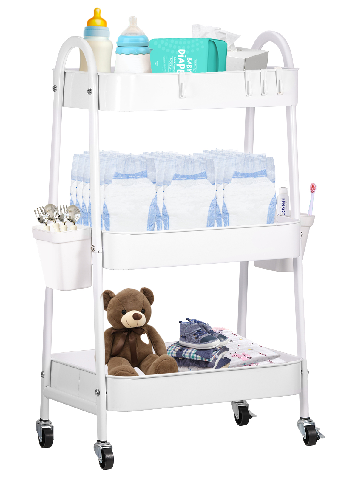 FOOK FISH Baby Diaper Cart 3-Tier Rolling Storage, White photo 1