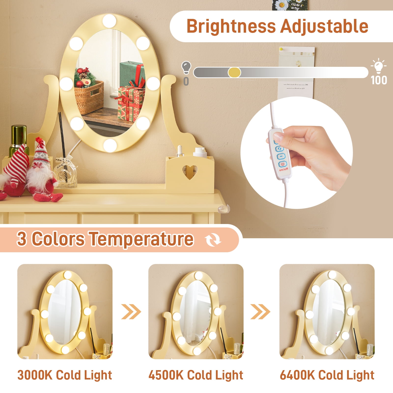 Ktaxon Kids Play Makeup Vanity Set with 3-Color Light, Girls Vanity Dresser Desk with Matching Stool, Light Orange