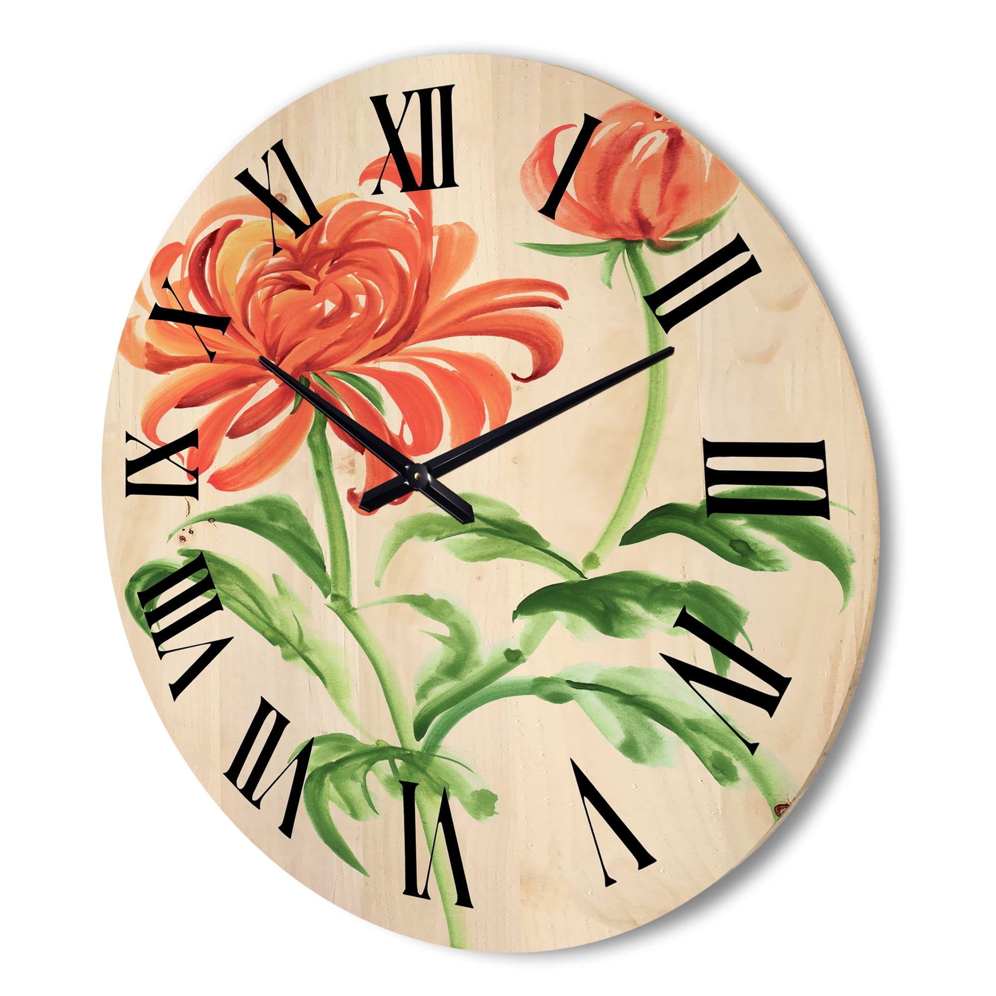 Designart 'Ancient Orange Chrysanthemum Flower' Traditional Wood Wall Clock