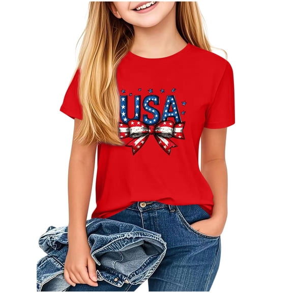 FAVIPT Patriotic Tshirt for Girls Kids 250th Anniversary Shirt Stars and Stripes Shirts Red White Blue Independence Day Tops Red,11-12 Years