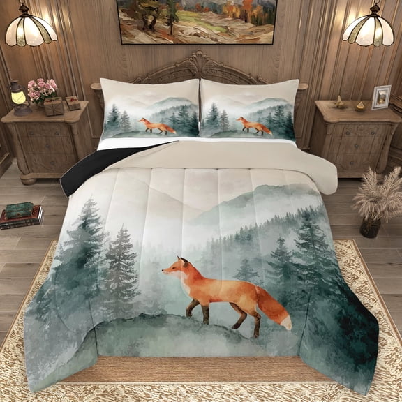 Homewish Jungle Animal Fox Bedding Comforter Set, Magic Wildlife Twin Comforter Sets, Rustic Nature Scenery Reversible Bedding Set, Super Cozy Room Decor, 2-Piece