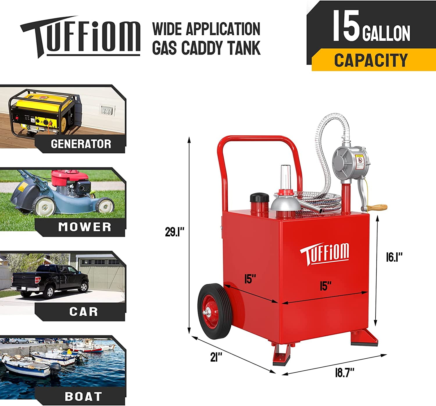 TUFFIOM 15 Gallon Gas Caddy with Wheels, Gasoline Diesel Fuel Transfer Storage Tank with Pump, Red