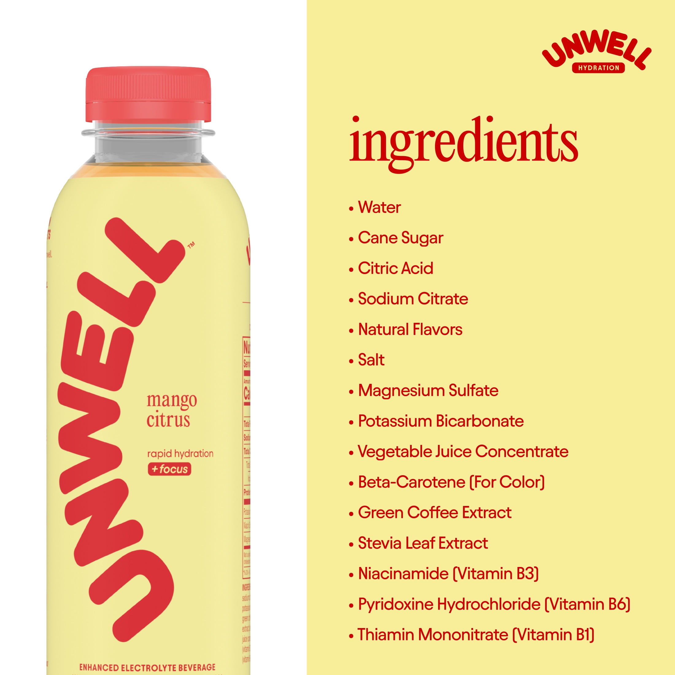 Unwell Hydration Electrolyte Drink for Rapid Hydration + Focus – Mango Citrus, 12 pack