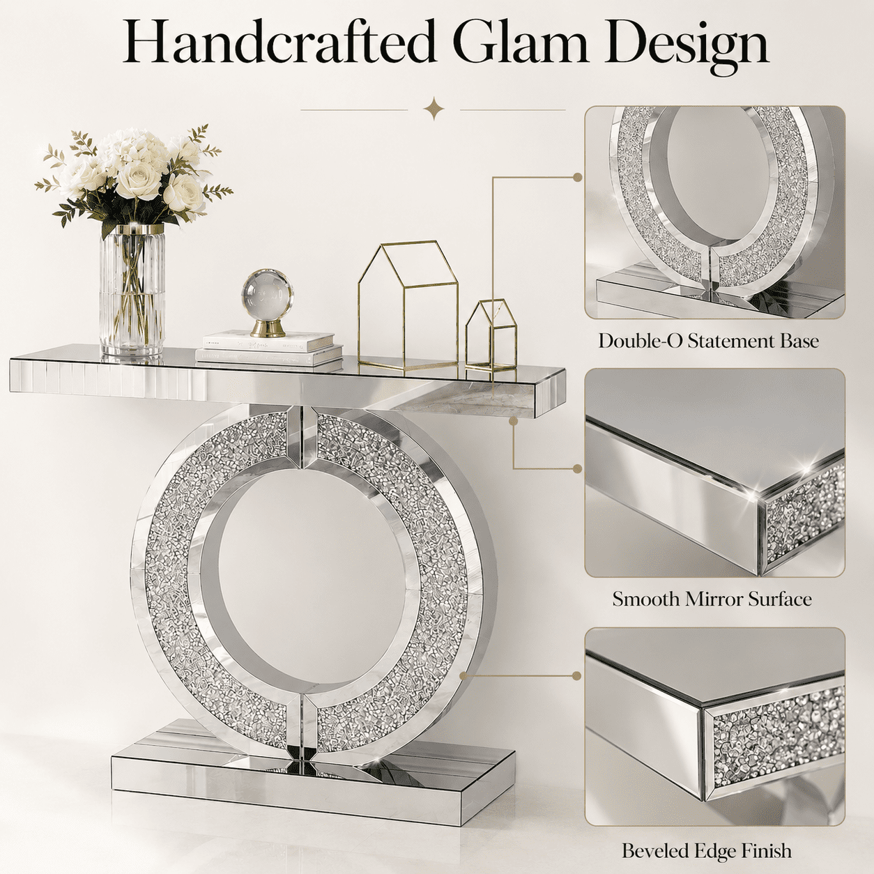 Aukfa 43" Mirrored Console Table, O-Shaped Crystal Inlay Entryway Table with Beveled Edges,Silver