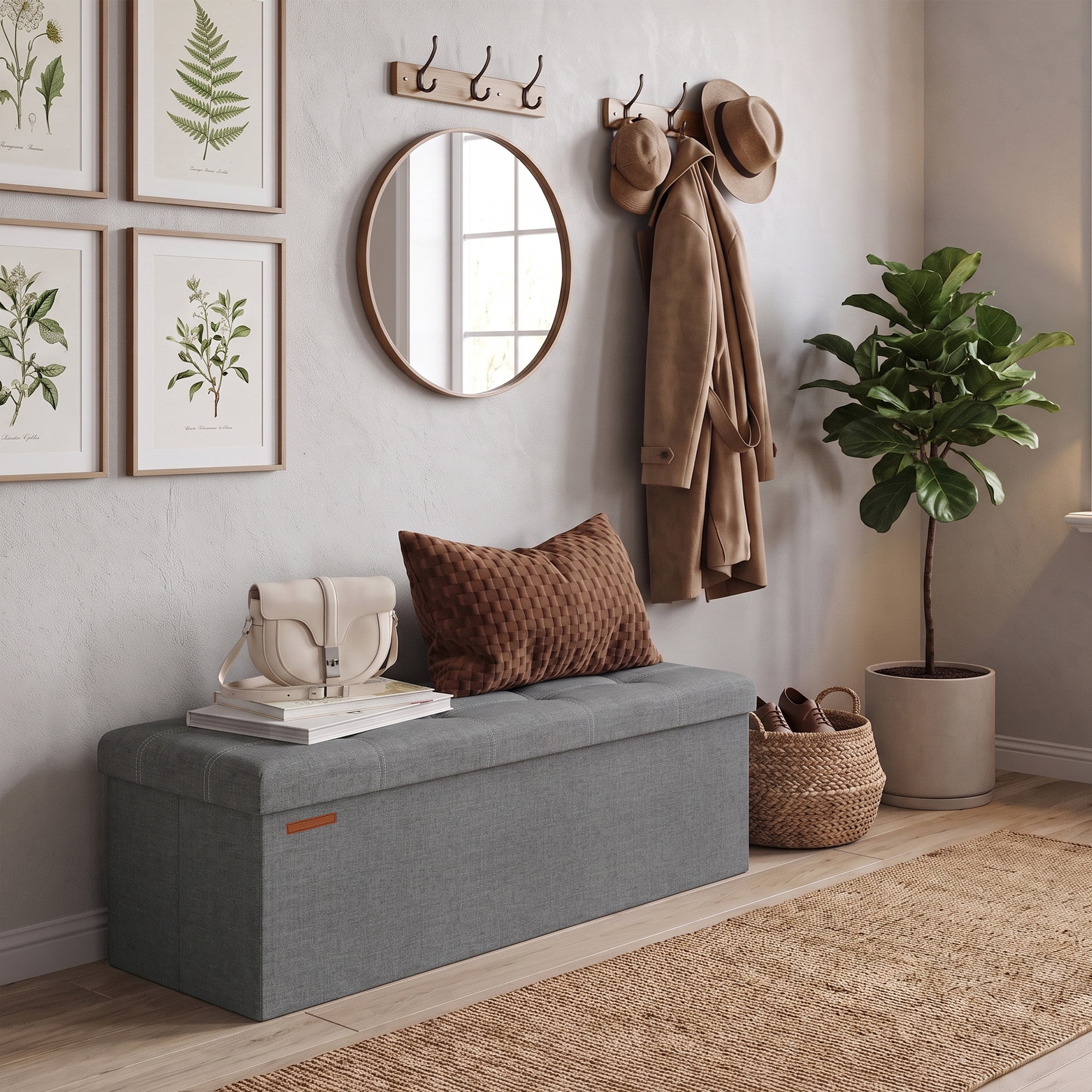 Ledrem 43" Foldable Storage Ottoman Bench, Multi-Functional Seating, Light Gray