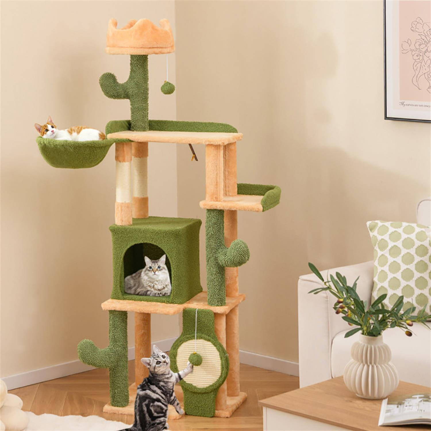 Kadyn 63" Cactus Cat Tree with Toy, Cat Tower Condo for Indoor Cats with Cozy Hammock, Sisal Scratching Posts and Board, Green