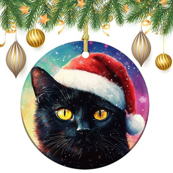 Black Cat in Santa Hat Christmas Ornament Merry Christmas Winter Xmas Ornament Keepsake Personalized Christmas Ornaments for Family Friend