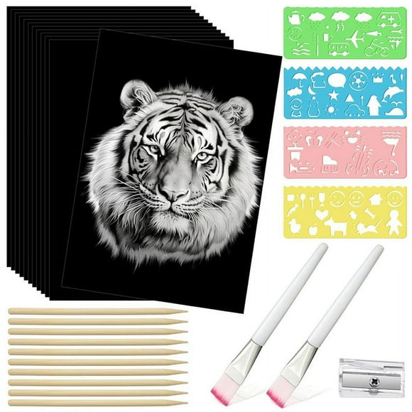 187 Pcs Scratch Paper Art Set Scratchboard Craft Kits Black Coated Scratch Paper Wood Art Stylus and Stencils 8.5 X 11In