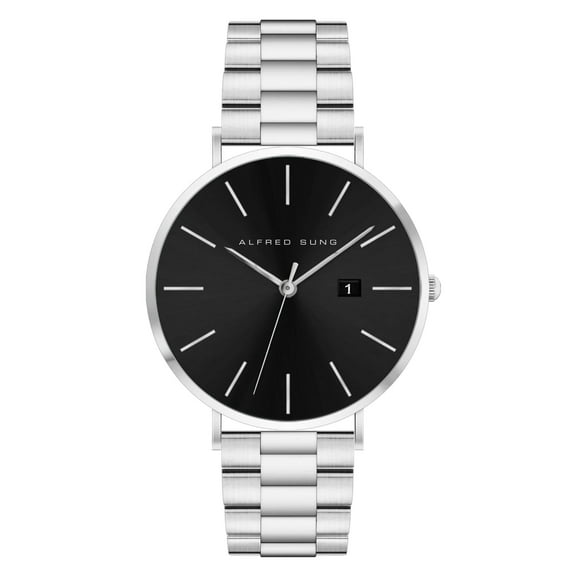 Alfred Sung Men's Metropolitan Silver Date Black Dial Link Watch