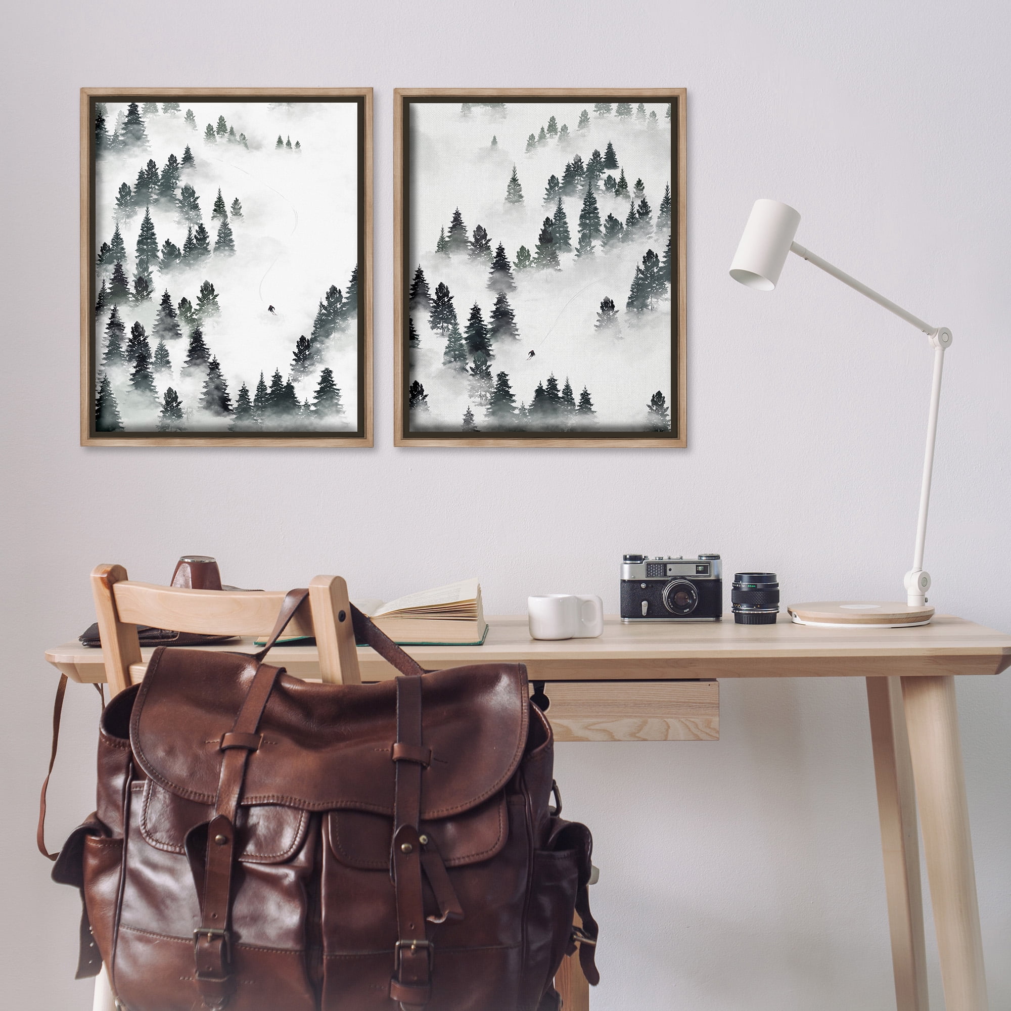 Stupell Industries Winter Ski Slopes Mountain Landscape Painting Brown Floater Framed Canvas Art Print Wall Art, 25 x 31, Set of 2