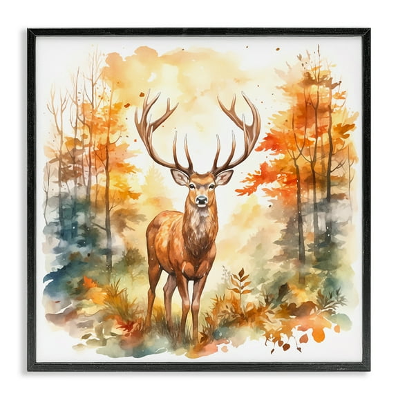 Stupell Industries Autumn Forest Stag Landscape Painting Black Framed Art Print Wall Art, 12 x 12