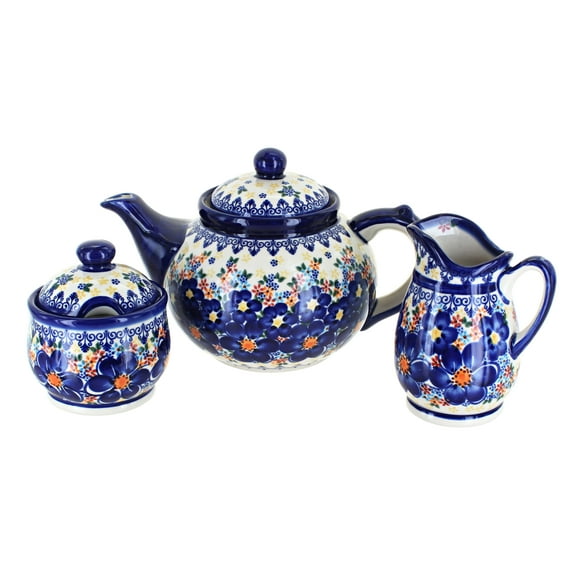 Blue Rose Polish Pottery Blue Dahlia 3 Piece Tea Set