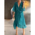 thumbnail image 5 of Vestido cruzado con cuello en V para mujer, jersey de media manga de murciélago, dobladillo de malla transparente, vestido elástico de cintura alta para viajes, 5 of 5
