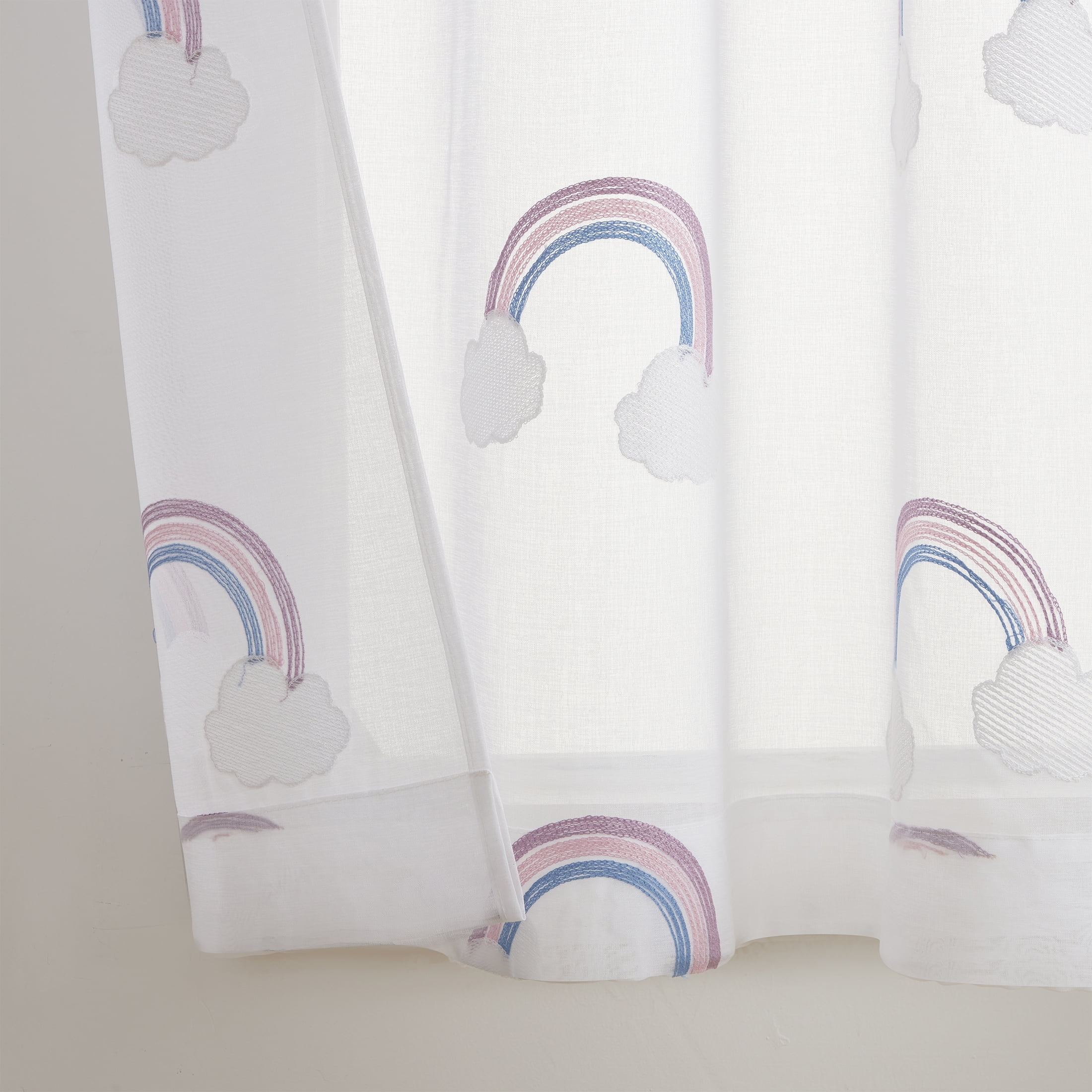 (2 pack) Your Zone Embroidered Rainbow Rod Pocket Sheer Single Curtain Panel, White/Multi, 38"W x 63"L