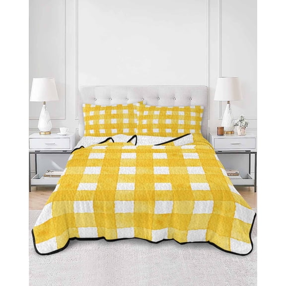 Quilts Full Size, Yellow Plaid Soft Comforter Bedding Set for Bed, Watercolor Grid Checker Gingham Farmhouse Lightweight Quilted Bedspread with Pillow Cover(2 Pieces) for All Season, 78x90 Inch