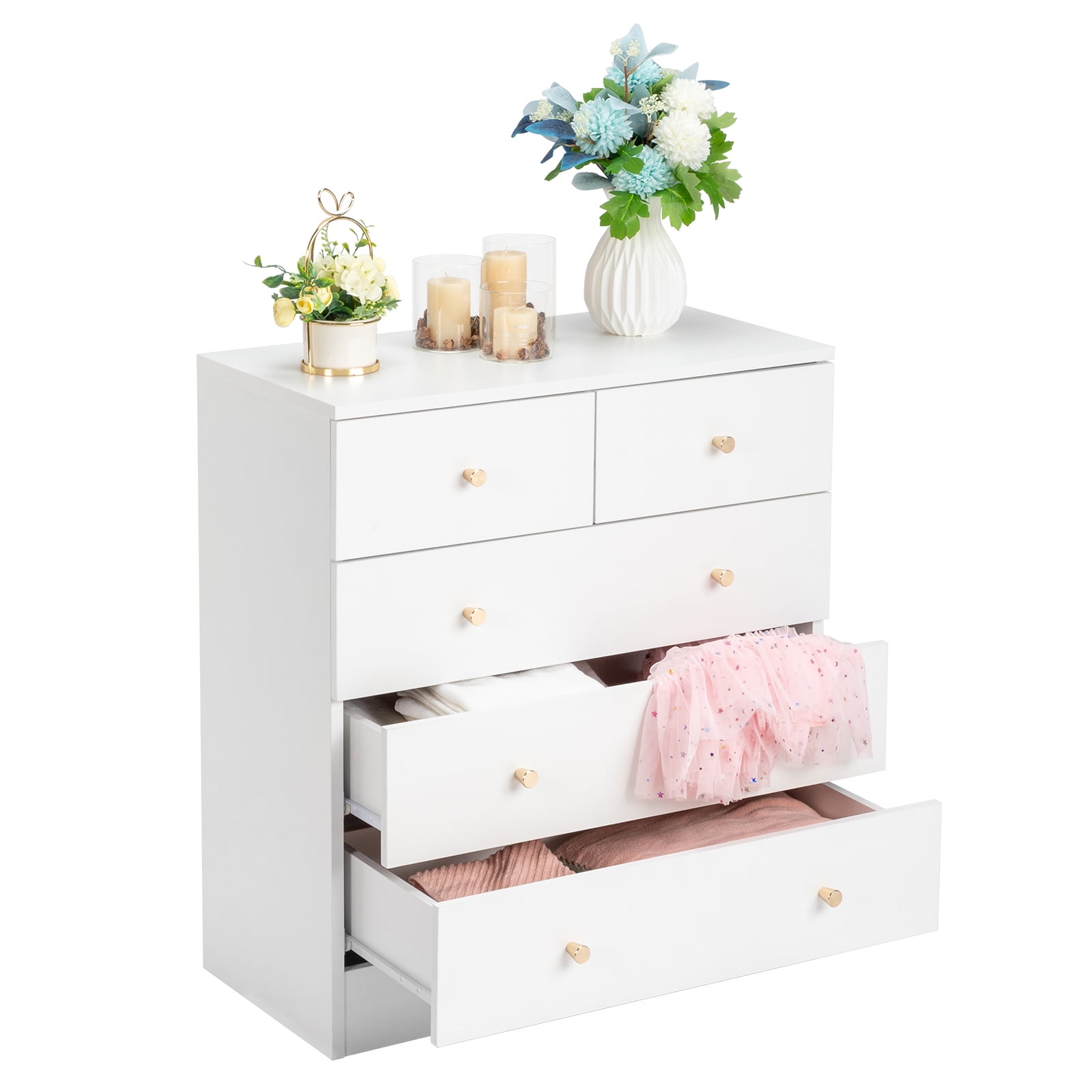 GVN Bedroom Dresser with 5 Drawers, Chest of Drawers, Modern Simple 5-Drawer Dresser for Bedroom, Living Room, White