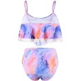 thumbnail image 4 of ZECATL Women High Waisted Bikini Ruffle Swimsuit Flounce Pom Pom Trim Two Piece Bathing Suit Purple&orange (M, 4 of 8